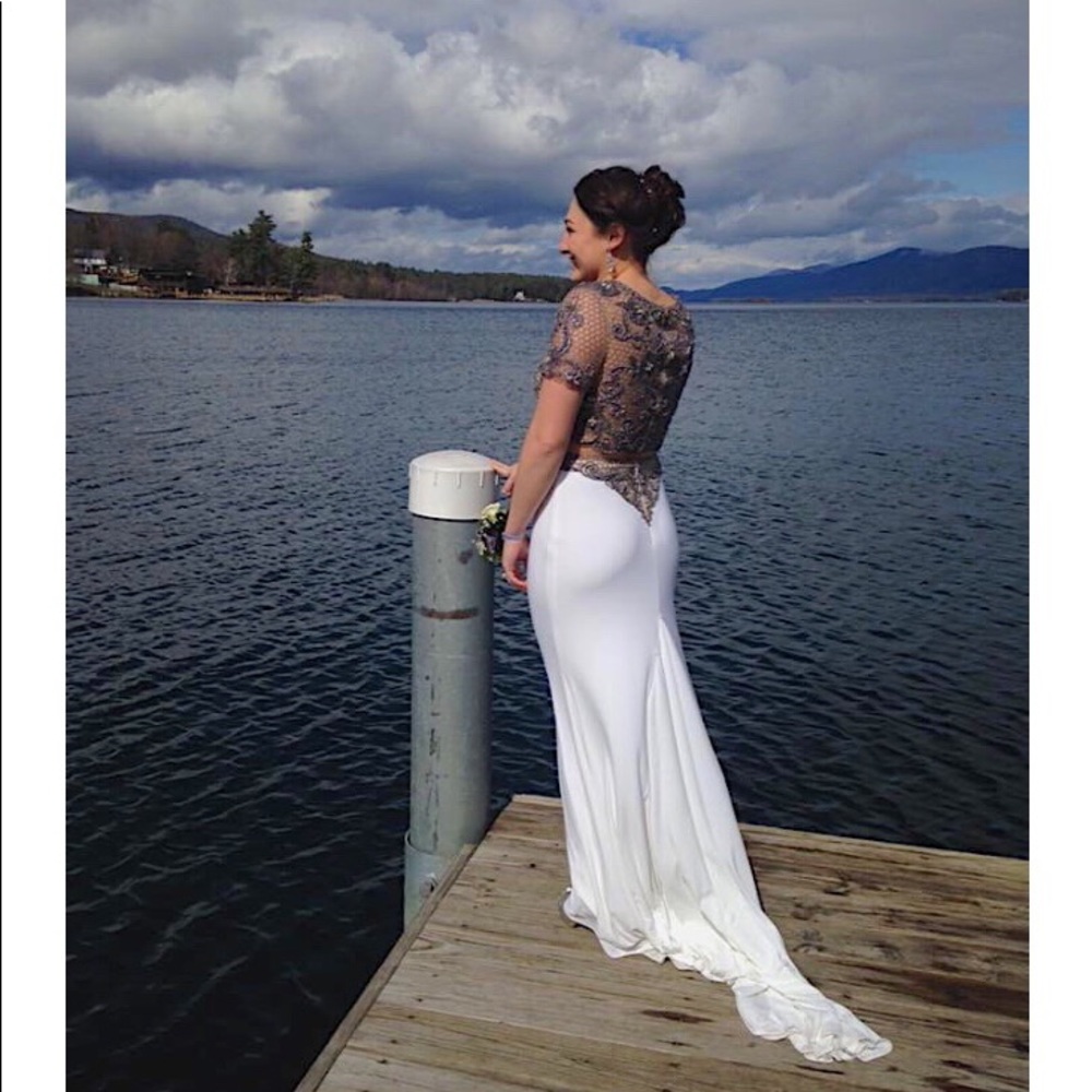 Formal 2 Piece Gray Lace Top & White Train
